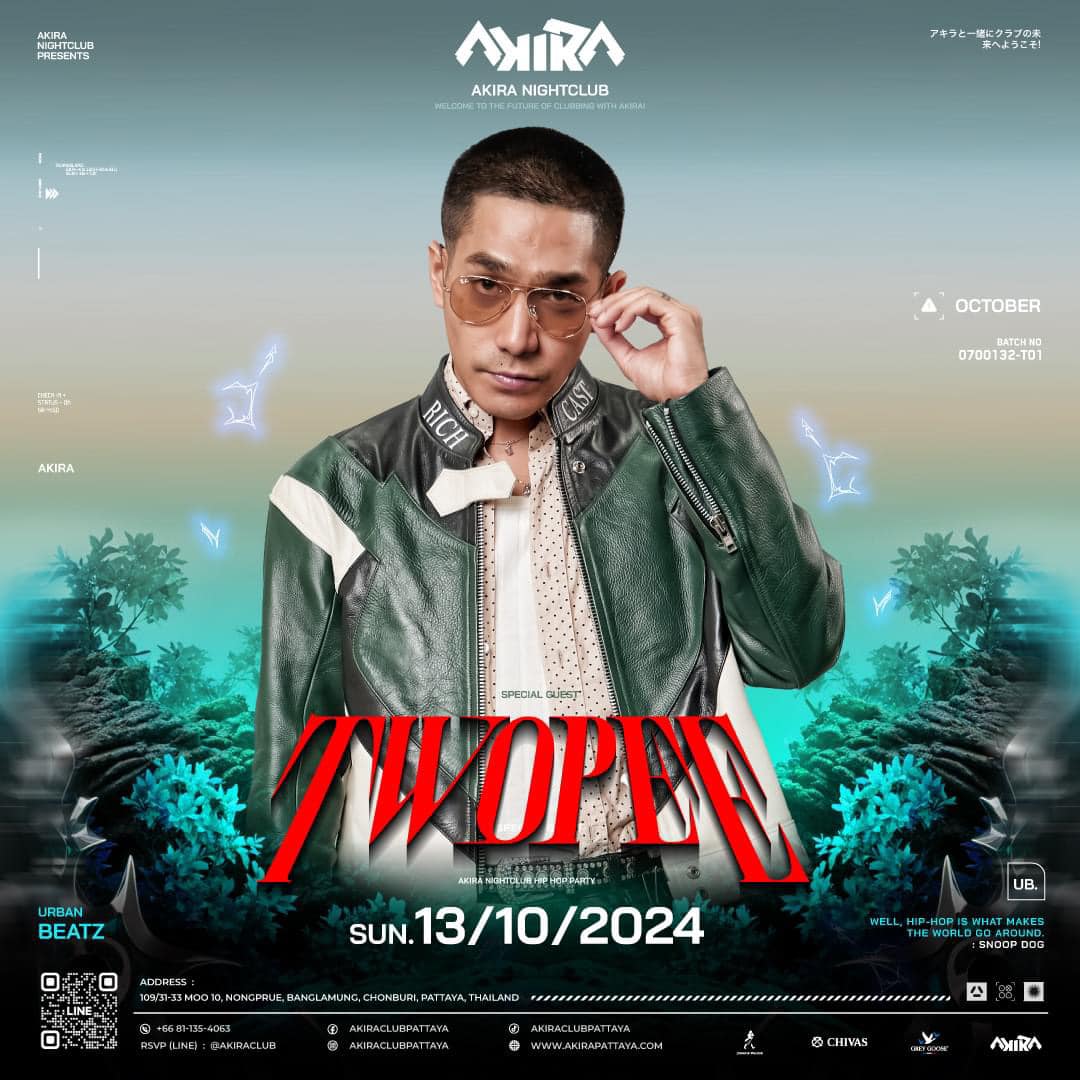 Catch Thailand’s top rapper, Twopee, live at Akira Club for Urban Beatz! Known for his chart-topping hits and collaborations with some of the biggest names in Thai hip-hop,